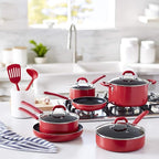 Amazon Basics Aluminum NS 12pc Red cookware set, 12 piece