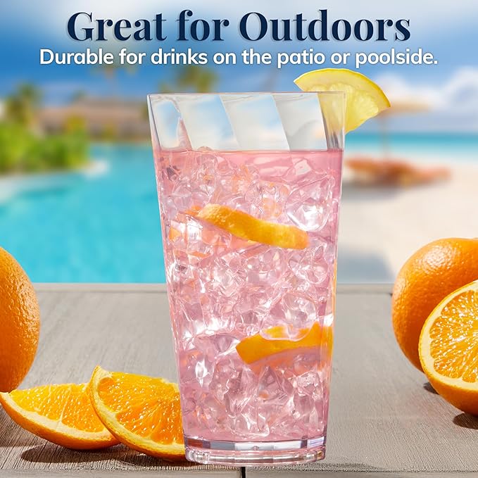 US Acrylic Optix Plastic Reusable Drinking Glasses (Set of 8) 20oz Water Cups in Clear | BPA-Free Tumblers, Made in USA | Top-Rack Dishwasher Safe