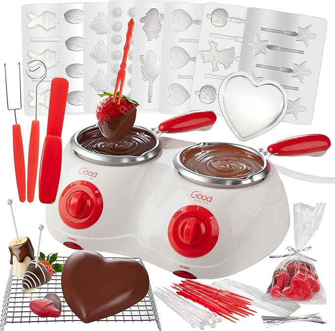 Dual Electric Chocolate Melting Pot Set - XMAS Candy Bar Making or Fondue Fountain Kit w/ 30 Bonus Accessories - Dip, Drizzle & Decorate Strawberries, Marshmallows - Holiday Party Appetizers Desserts