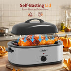 Sunvivi 20-Quart Roaster Oven with Self-Basting Lid, Electric Turkey Roaster Oven with Removable Pan and Rack, Stainless Steel, Sliver