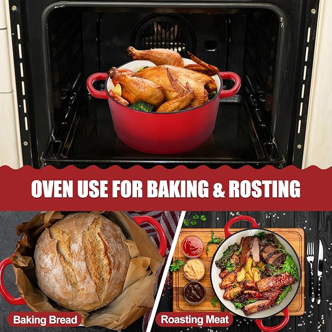 P&P CHEF 5Qt Dutch Oven Pot for Bread Baking (Red), 2 In 1 Round Cast Iron Dutch Oven with Lid Set, Skillet & Pot for Roasting Braising Stewing Frying Simmering, Multi Stoves & Oven Safe