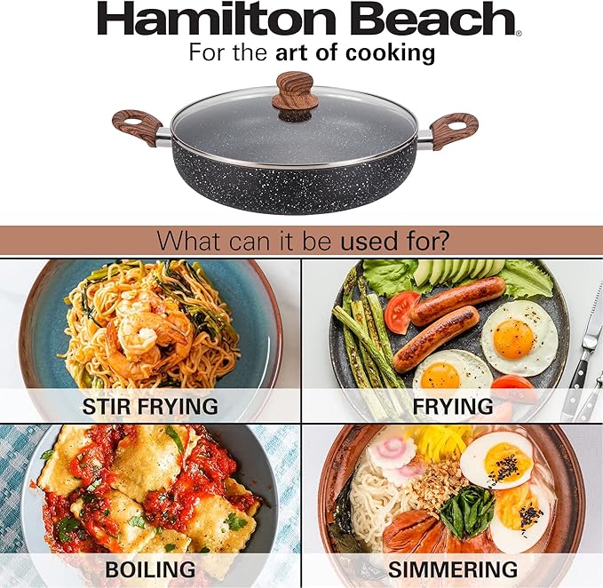 Hamilton Beach 4.5 Quart Nonstick Marble Coating Even Heating Round Beach Low Oven Pot with Glass Lid and Wooden Like Soft Touch Handle, Dutch Oven Pot, Braising, Roasting