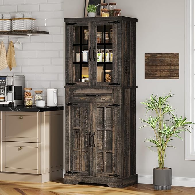 DWVO Farmhouse Kitchen Pantry Cabinet, 71" Tall Storage Cabinet with Adjustable Shelves & Glass Doors, Freestanding Kitchen Cupboard for Dining Room, Living Room, Dark Brown Oak