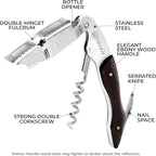 WineOp Professional Wine Opener Luxury Double Hinged Waiter's Corkscrew Wine Bottle Key - Cork screwer for Servers, Bartenders, Sommelier and Home Use | All-In-One Stainless Steel (Ebony Wood Handle)