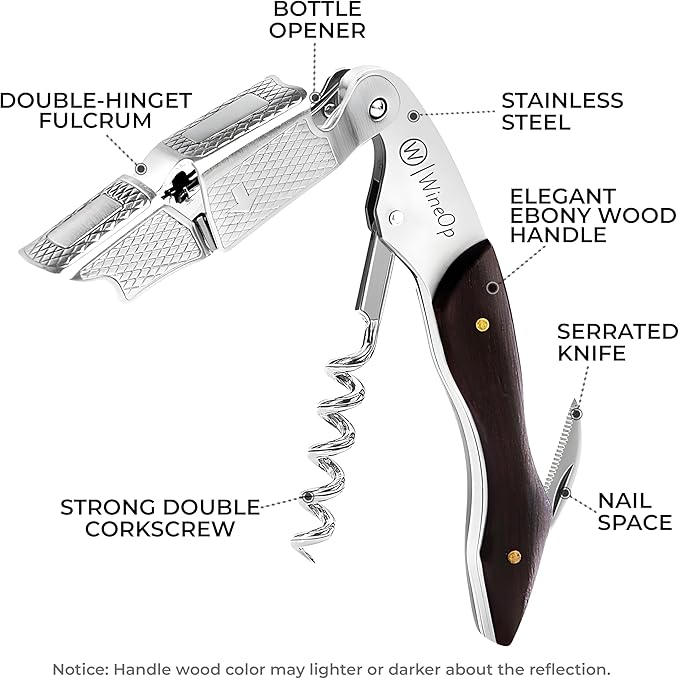 WineOp Professional Wine Opener Luxury Double Hinged Waiter's Corkscrew Wine Bottle Key - Cork screwer for Servers, Bartenders, Sommelier and Home Use | All-In-One Stainless Steel (Ebony Wood Handle)