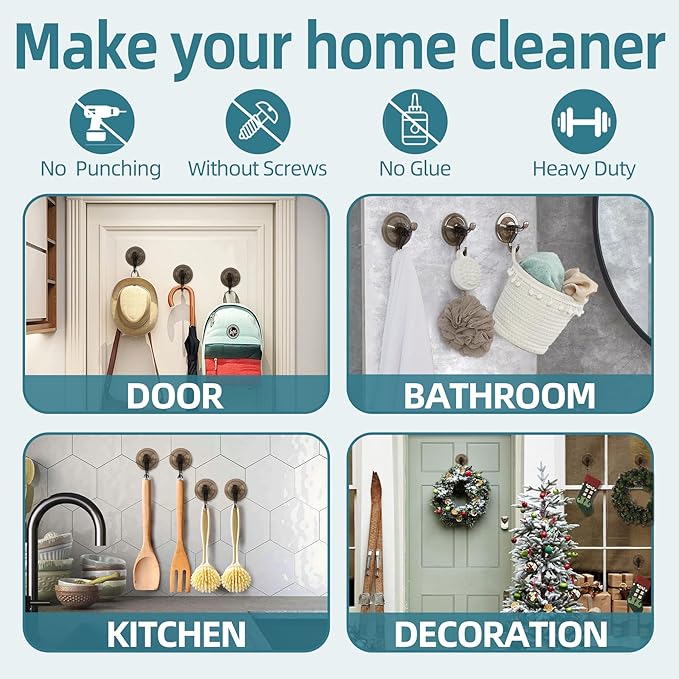 Antimbee Suction Hooks, 5 Pack Clear Hanger, Removable Small Suction Cups for Shower, Bathroom, Glass, Door, Windows, Kitchen - Up to 11 lbs on Smooth Surface - 2 Hooks Design (Transparent Gray)