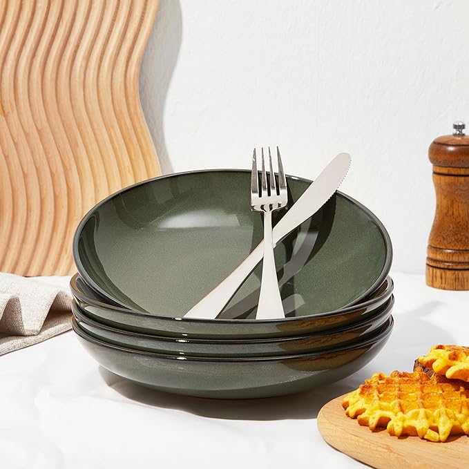 Pasta Bowls Set of 4, Reactive Glaze Salad Bowl 30 oz, Microwave & Dishwasher Safe, Large Wide Serving Bowls for Fruit/Soup/Noodle/Dessert, Blackish Green