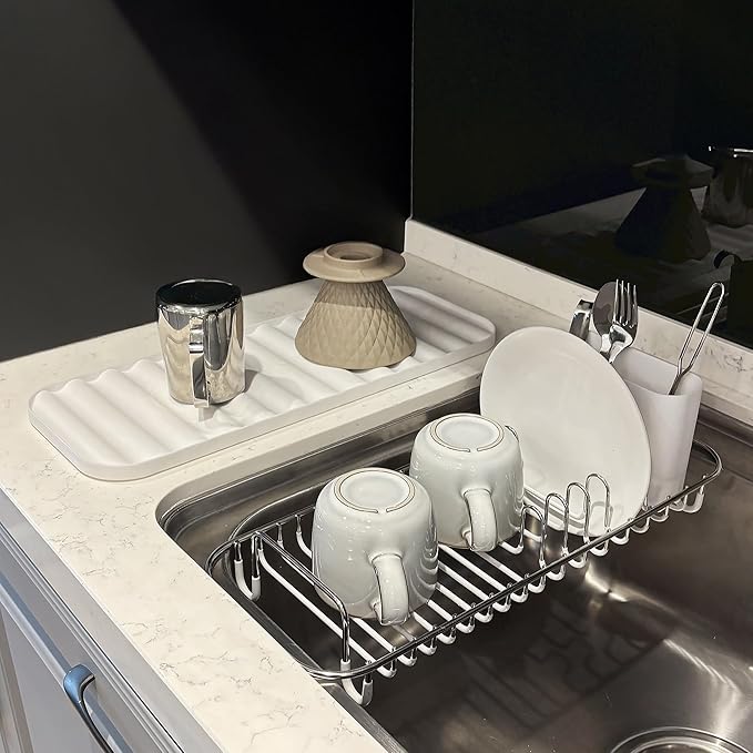 SunnyPoint 304 Stainless Steel NeverRust Compact Dish Drying Rack with Utensil Holder & Removable Drain Tray, Rustproof Small Dish Rack for Kitchen Countertop or Over Sink (Metallic Silver, Compact)