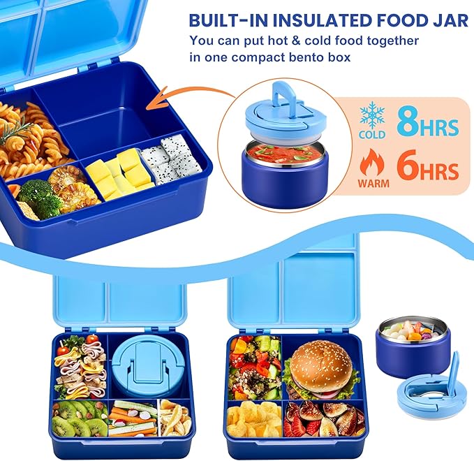 Bento Lunch Box with 8oz Soup Thermo,Kids Leakproof 4 Compartment Lunch Food Containers with Sauce Cup and Ice Pack,Kids Thermo Insulated Hot Food Jar and Lunch Bag for School,Trvael-Blue