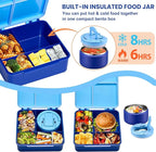 Bento Lunch Box with 8oz Soup Thermo,Kids Leakproof 4 Compartment Lunch Food Containers with Sauce Cup and Ice Pack,Kids Thermo Insulated Hot Food Jar and Lunch Bag for School,Trvael-Blue