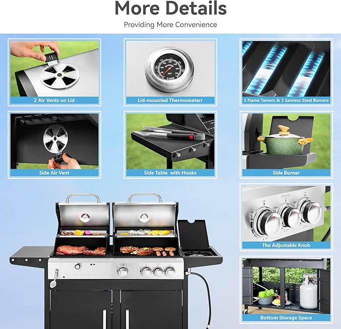 3 Burner Propane Gas and Charcoal Grill Combo with Side Burner & Porcelain-Enameled Cast Iron Grates, 37,000 BTUs 685 SQIN Dual Fuel Outdoor BBQ Grill for Patio Garden Picnic Backyard Barbecue Cooking