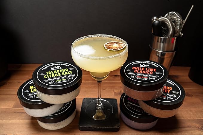 6-Pack LAVA Premium Cocktail Rimmers Variety: Jalapeno Citrus Sea Salt 6oz, Lemon Drop Sugar 5oz, Margarita Lime Sea Salt 6oz, Honey Habanero 5oz, Chile Lime Clasico 5oz, Triple Berry Sugar 5oz