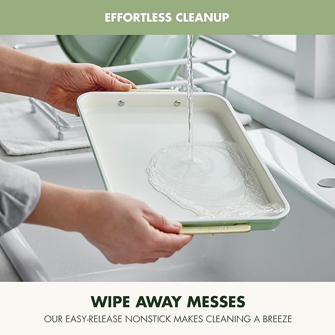 GreenPan Bakeware 13" x 9" Quarter Sheet Pan, Ceramic Nonstick Baking Pan, PFAS & BPA Free, Gold Handles, Durable Steel, Versatile & Space Saving Ovenware, Freezer to Oven Dish, Sage Green
