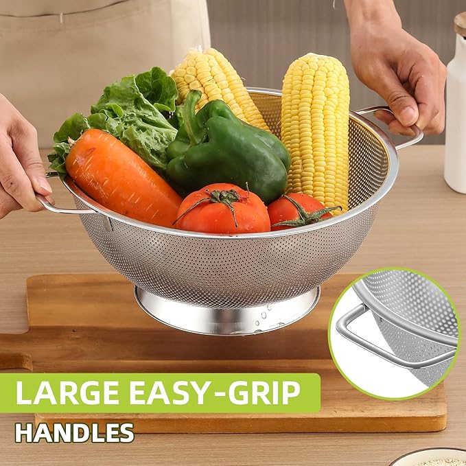5QT Metal Colander with Handle, Large Stainless Steel Strainer for Kitchen, Mesh Strainer for Washing Pasta, Spaghetti, Fruit, Vegetable, Rice Washer, Fast Draining, Dishwasher Safe