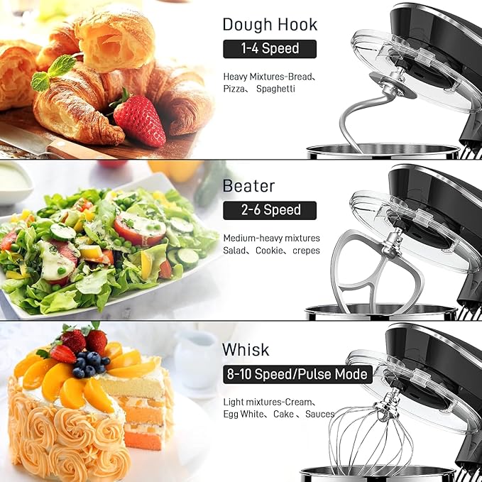 9.5 Qt Stand Mixer, 10-Speed Tilt-Head Food Mixer, Vezzio 660W Kitchen Electric Mixer with Stainless Steel Bowl, Dishwasher-Safe Attachments for Most Home Cooks(Black)