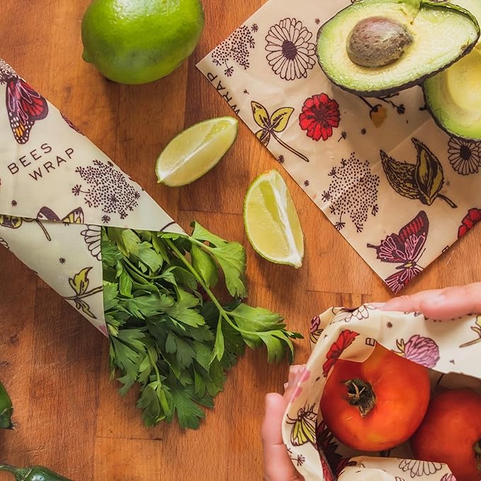 Bee's Wrap Vegan Beeswax Wraps for Food - Vegan Meadow Magic 3 Pack (S, M, L) Made in USA Reusable & Organic Food Wraps, Sandwich Wrap & Bowl Covers - Eco Alternative to Aluminum Foil & Plastic Wrap