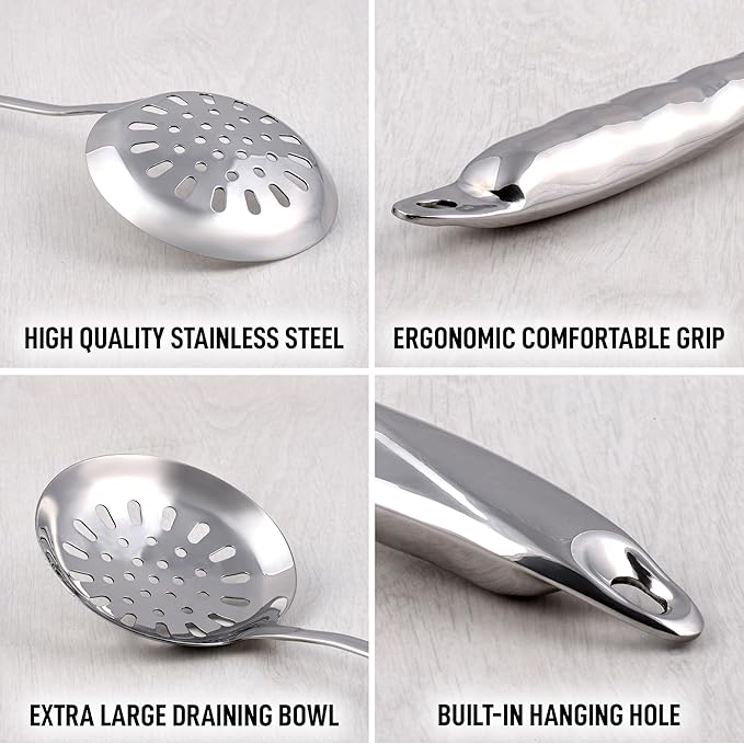 Zulay Kitchen Stainless Steel Slotted Serving Spoon - Large Frying Spoon Skimmer - Durable Utensil with Ergonomic, Easy to Use Handle - Easy to Clean, Perfect for at Home Cooks & Chefs - 14.5”