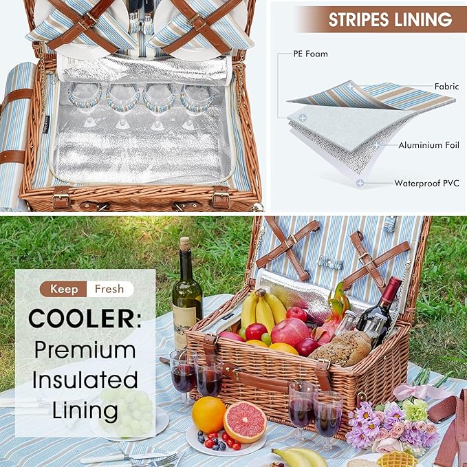 Picnic Basket Set for 4 Persons - Picnic Baskets with Large Insulated Cooler Compartment, Adjustable Shoulder Strap, Willow Hamper and Waterproof Blanket Set with Cutlery Service Kit