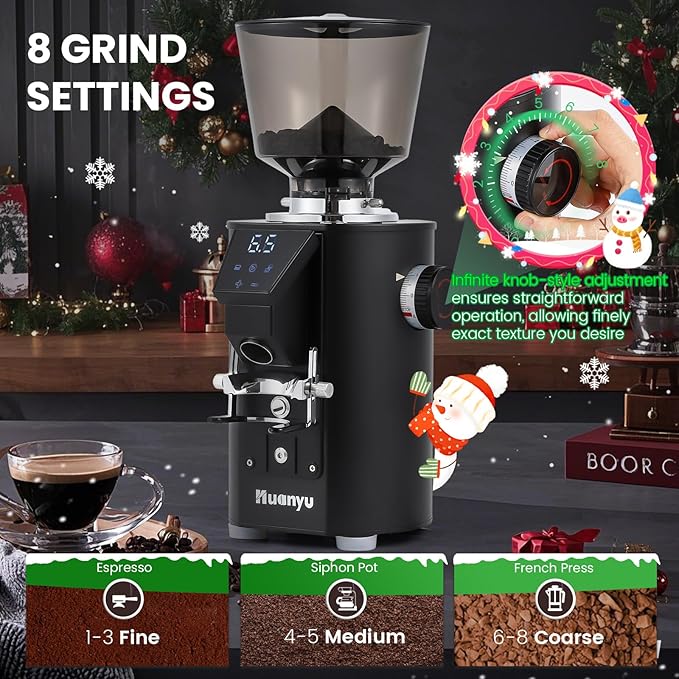 Huanyu Commercial Coffee Grinder - Touchscreen Control, 8 Grind Settings, 64mm Flat Burr, Dual Dosing Modes for Coffee Shops
