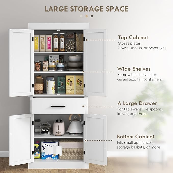 HOMCOM 72" Tall Kitchen Pantry Cabinet with Adjustable Shelves, Farmhouse Storage Cabinet with Barn Doors, Drawer and 5-Tier Shelf, Freestanding Cupboard, White