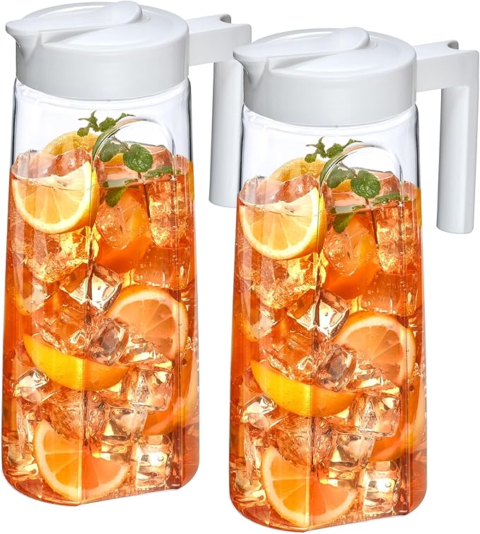 Amazing Abby - Slim - 2-Pack Tritan Pitcher (64 oz), Unbreakable Plastic Water Pitcher with Lid, BPA-Free, Heat-Resistant, Dishwasher-Safe, Great for Both Iced and Hot Drinks, White