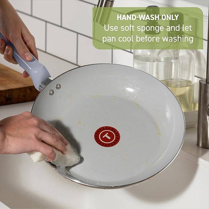 T-Fal Refresh Ceramic Nonstick Cookware Set, Oven Safe Up to 350ºF, 12-Piece, Includes Stockpot, Griddle, Frying Pans, Utensils, Ceramic Pots and Pans Set, Mint Green