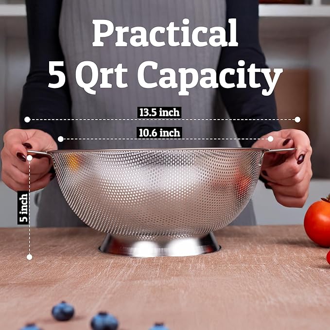 PriorityChef Premium 5Qrt Stainless Steel Colander for Kitchen, Durable Rice and Pasta Strainer with Handle, Rust-Resistant & Dishwasher Safe