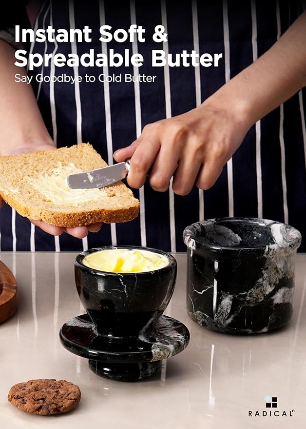 Radicaln Marble Butter keeper 4.25" Inches Black Zebra Handmade French Butter Container For kitchen decor Ideal Butter Dish With Lid For Countertop Butter Crock For Counter With Water