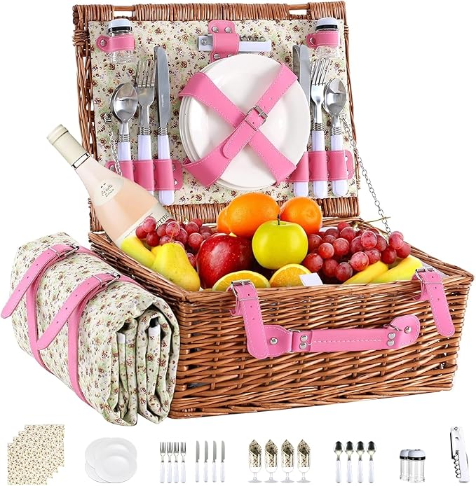 Picnic Basket Set for 4 with Waterproof Blanket Mat Insulation Bag Wicker Pink Floral Classic Fresh Gift for Wedding Birthday Summer Camp Outdoor Camping Beach Travel Christmas Thanksgiving