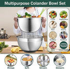 Mixing Bowls with Airtight Lids, Stainless Steel Mixing Bowl Set with 3 Metal Nesting Bowls, Colander & Grater, Non-Slip Bottoms, Size 1.5, 2.5, 5 QT, Great for Mixing & Serving, Black