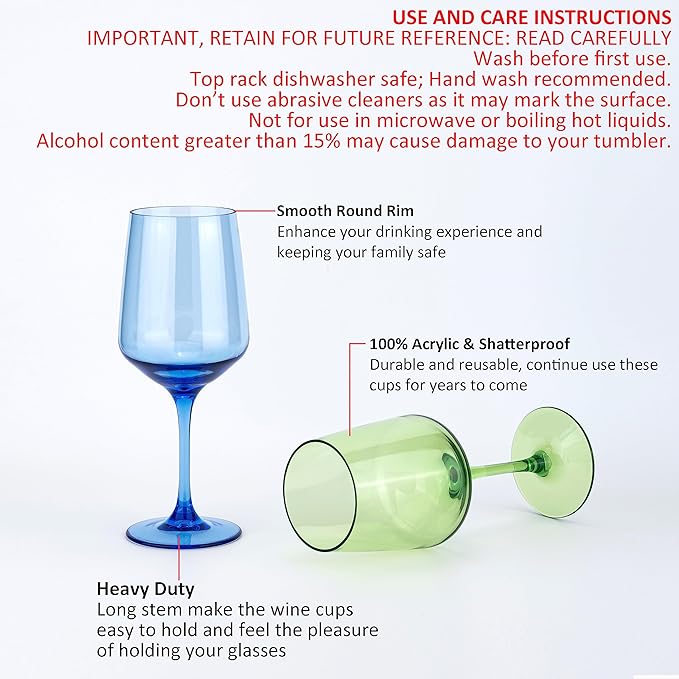 KOXIN-KARLU Unbreakable Classic 18 ounce All-Purpose Plastic Stem Wine Glasses Acrylic Glasses, set of 6 Multicolor