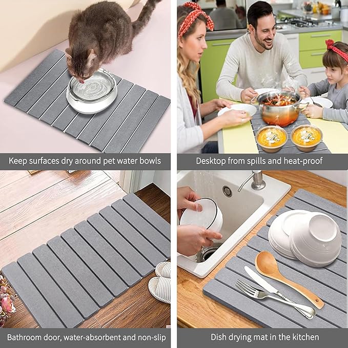 Stone Drying Mat for Kitchen Counter, Stone Dish Drying Mat Foldable, Super Absorbent Diatomaceous Earth Quick-drying Draining Mat for any Kitchen Countertop (Medium Gray B, 23.6”x15.4”)