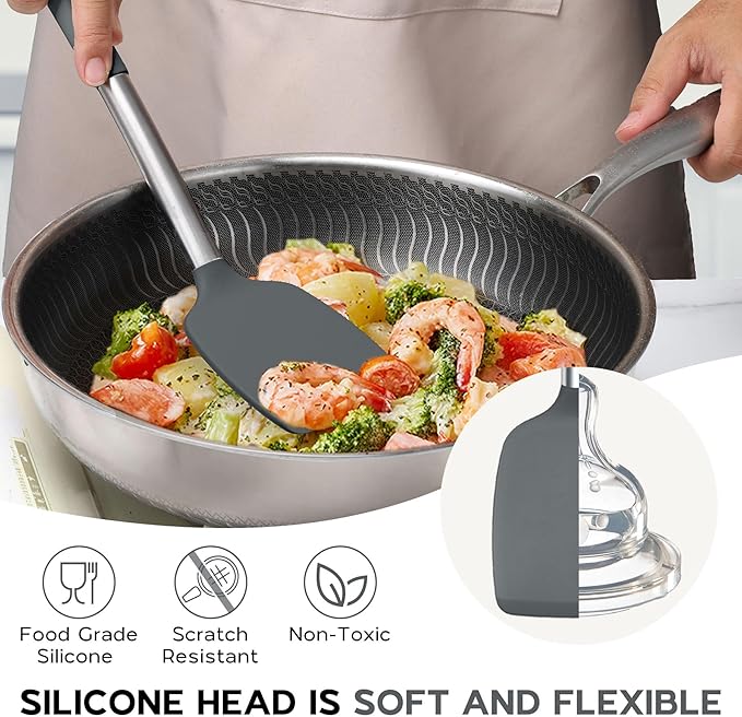 Kitchen Cooking Utensils Set of 15, Silicone and Stainless Steel Utensils Spatula Set with Holder, Heat Resistant & Dishwasher Safe - Grey