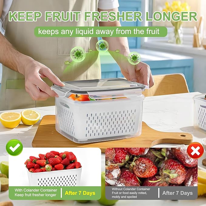 Large Fruit Containers for Fridge, Airtight Food Storage Containers with Removable Colander, Dishwasher and Microwave Safe, Berry Produce Container Keep Fruits, Vegetables, Meat Fresh Longer, 6 Pcs