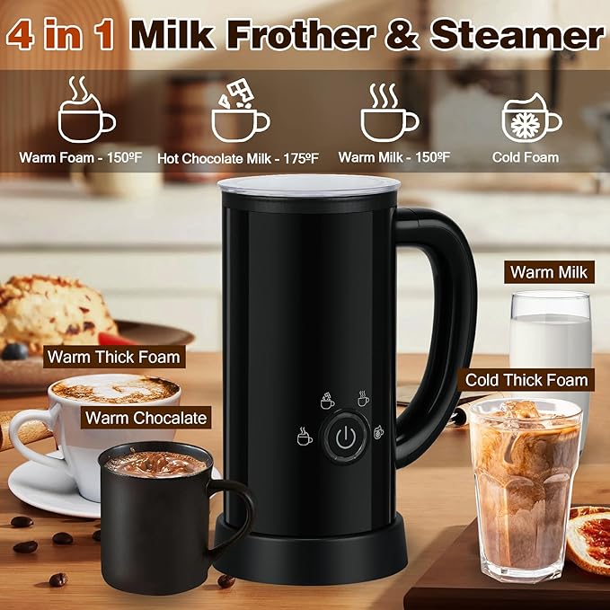 Milk Frother and Steamer, Electric 4-in-1 Hot and Cold Foam Maker, Automatic Milk Warmer with Two Whisks for Latte Cappuccino Hot Chocolate, 10.1oz/300ml, Black