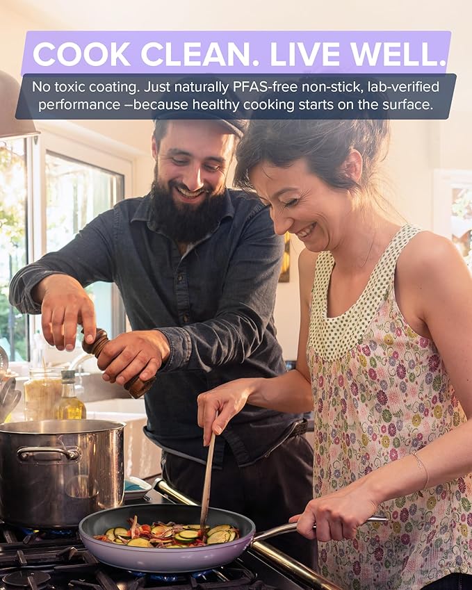 Nuwave Healthy G11-Pots and Pans Set Non Stick, 9H Near-Diamond Hardness Scratch-Resistant, Works on All Stovetops, PFAS Free, with Frying Pans, Saucepans & Glass Lids, Stay-Cool Handles, Lilac