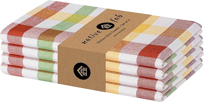 Native Fab Harvest Fall Gingham Check Kitchen Towels 4 Pack 18x26 Inches - 100% Cotton, Soft, Absorbent Dish Towels for Drying & Cleaning, Holiday Dishcloths - Burgundy, Green, Yellow