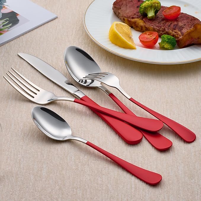 20-Piece Red Silverware Set 18/0 Stainless Steel Silverware Set Red Handle Cutlery Set Service for 4 Dinner Knives Forks Spoons Set Flatware Set Finish Dishwasher Safe