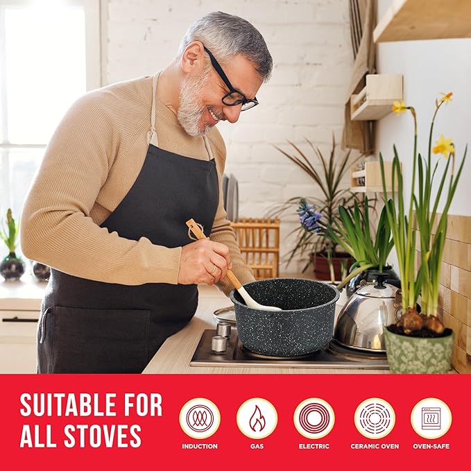 Pots & Pans Set Non Stick Ceramic-Granite – 14-Piece Cookware with Detachable Handles, Stackable Space-Saving, Dishwasher Safe, Oven & All-Stove Safe, Tempered Glass Lids, Black Granite