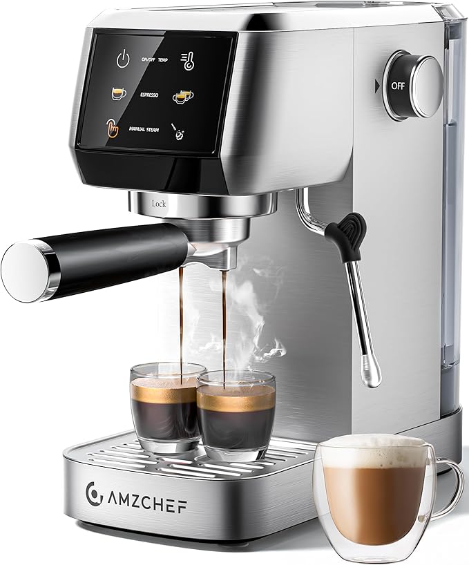 AMZCHEF Espresso Machine 20 Bar Professional Coffee Maker with Milk Frother, Adjustable Temperature & Pressure, Stainless Steel Espresso Maker for Cappuccino, Latte, Mocha, 44oz Removable Water Tank
