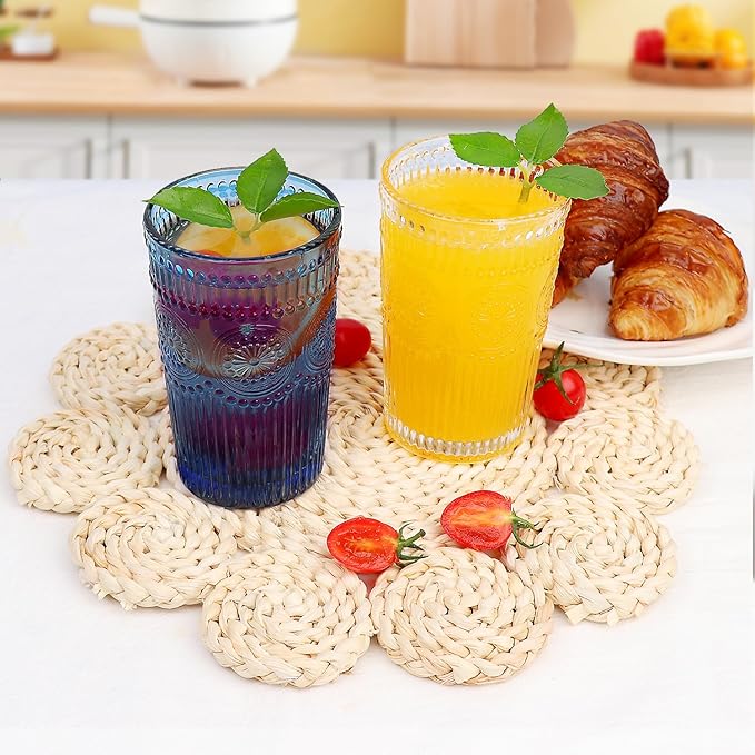 6pcs Vintage Drinking Glasses Set, 12 oz Blue Highball Glasses, Embossed Ribbed Glassware Cups for Cocktail, Water, Juice, Coffee, Whiskey