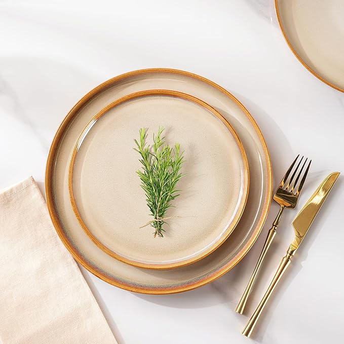 LERATIO Ceramic Dinner Plates Set of 6, 10.5 Inch Reactive Glaze Porcelain Plates, Modern Shape Dinnerware Dishes Set for Kitchen,Microwave&Dishwasher&Oven Safe, Scratch Resistant-Khaki