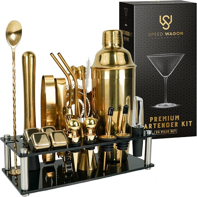 Mixology Bartender Kit – 24 Piece Gold Cocktail Shaker Set w/Stand – Essential Home Bar Accessories Martini Shaker, Jigger, Muddler, Chilling Cubes & More