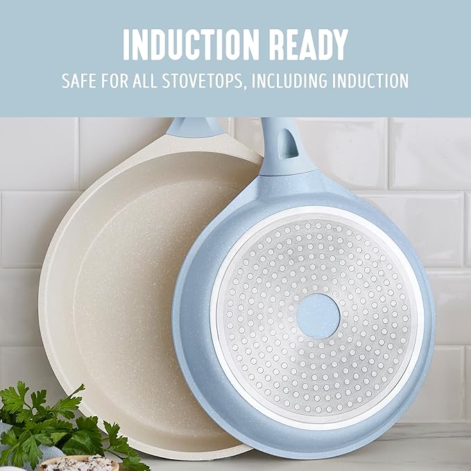 GreenLife 8 Piece Ceramic Nonstick Cookware Set, Induction Suitable Non Toxic PFAS-Free Pots & Pans, Dishwasher Safe, Cooking Set, Stock Pot, Saucepans & Frying Pans, Kitchen Cooking, Light Blue