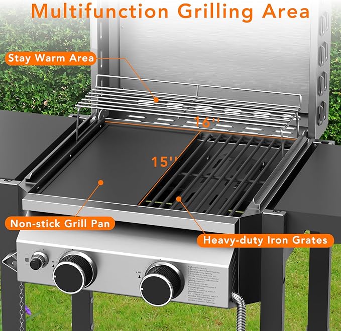 Propane Gas BBQ Grill 2-Burner Barbecue Grills with Cast Iron Frying Pan and Grates Combo, 16000 BTU Output Stainless Steel Grill for Outdoor Cooking, Patio, Backyard Party