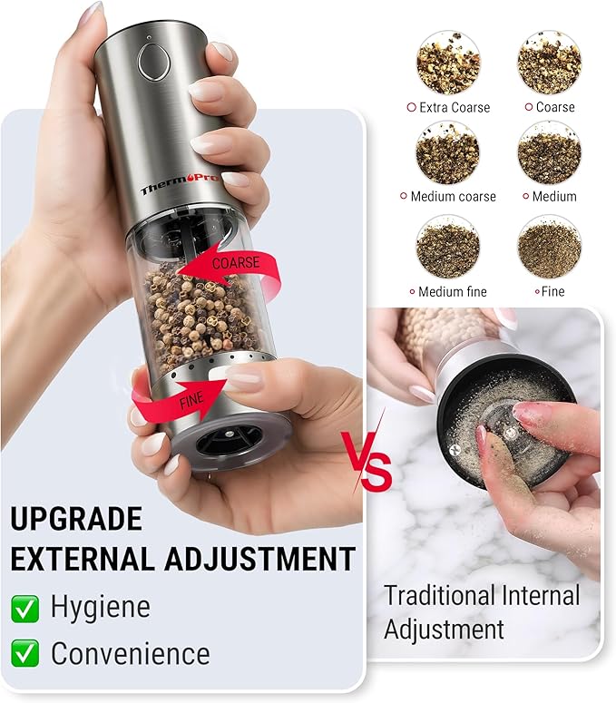 ThermoPro Upgraded Larger Capacity Electric Salt and Pepper Grinder Set, Rechargeable Salt and Pepper Shakers with External Adjustment, Stainless Steel Auto Salt Grinder with Dust Cover & LED lights