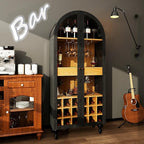 71" Wine Bar Cabinet, Arched Storage Cabinets with Door, Whiskey Station with Wine Rack and Glass Holder, Liquor Bar Cabinet for Home Kitchen Living Dining Room (Black)