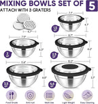 Herogo 5-Piece Mixing Bowls with Visible Lids, 3 Grater Attachments, Stainless Steel Salad Serving Bowls for Kitchen, 4.6/3.5/2.5/2/1.5 QT Ideal for Prepping & Cooking, Black