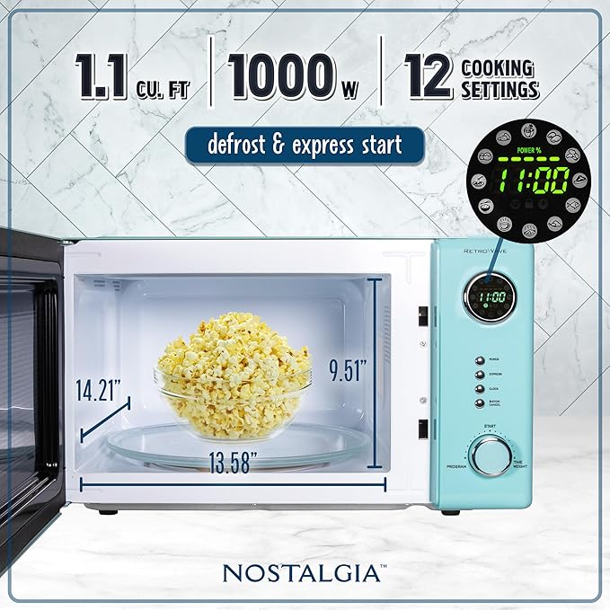 Nostalgia NRMO11AQ6A 1000 Watt Power Retro Countertop Microwave Oven Easy to Clean with Removable Glass Turntable-Child Safety Lock-12 Programs-Digital Clock, 1.1 Cu. Ft, Aqua