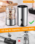 Rechargeable Electric Salt and Pepper Grinder Set - Extra Large Capacity - Automatic Black Peppercorn & Sea Salt Spice Mill Set with Adjustable Coarseness & LED Light Refillable